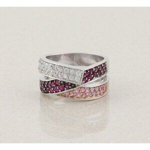 Sterling Silver White, Pink, Dark Pink Topaz Band Ring Size 8 Thick Band